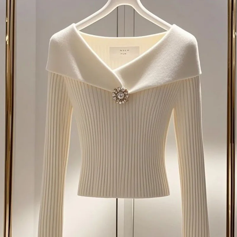 

Autumn New Turn-down Collar Knitting Top Tee Female Temperament Solid Color V-neck Long Sleeve Sweater Women Clothes Pullovers