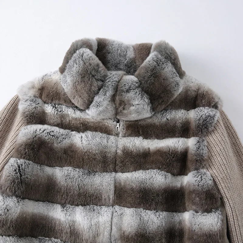 Abrigo de invierno de piel de conejo Rex auténtica para mujer, chaqueta tejida gruesa y cálida con cuello levantado, prendas de vestir de Color Chinchilla a la moda para mujer