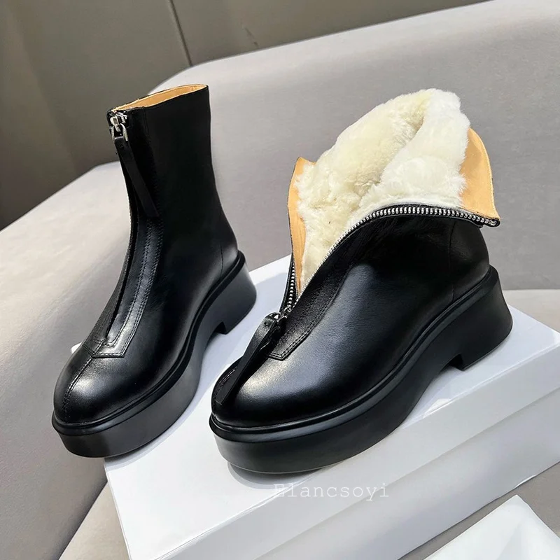 Motorcycle Boots Women Genuine Leather Round Toe Front Zipper Short Boots Winter Thick Sole Real Wool Lining Warm Snow Botas