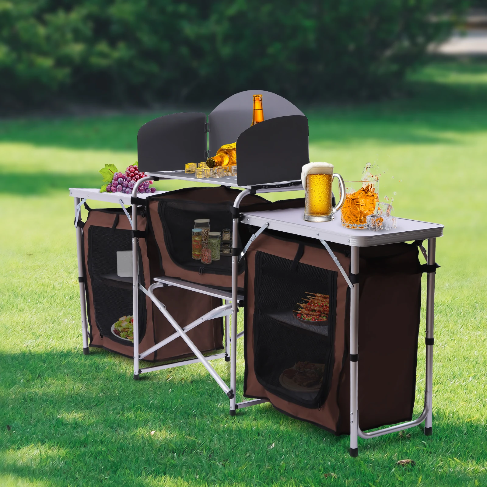 طاولة مطبخ للتخييم قابلة للطي في الهواء الطلق، زجاج أمامي ثلاثي الجوانب، محطة طهي محمولة خارجية للشواء والنزهات #2