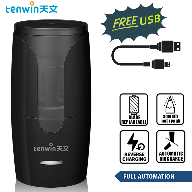 Tenwin Fully automatic electric pencil sharpener School Supplies Adjustable pencil sharpener High capacity battery free ship