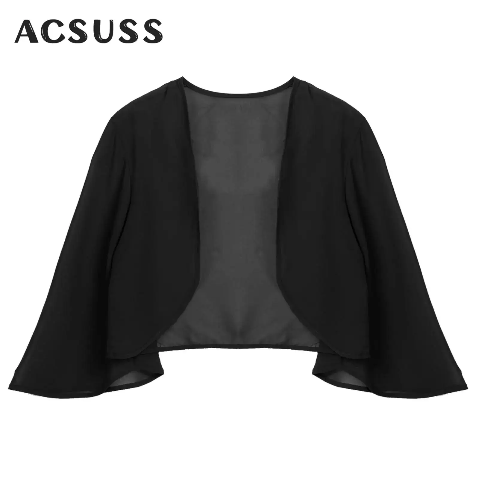 

Womens 3/4 Sleeve Chiffon Cardigan Summer Fashion Short Shrug Bolero Female Open Stitch Cropped Tops Sheer Shawl Coat Outerwear