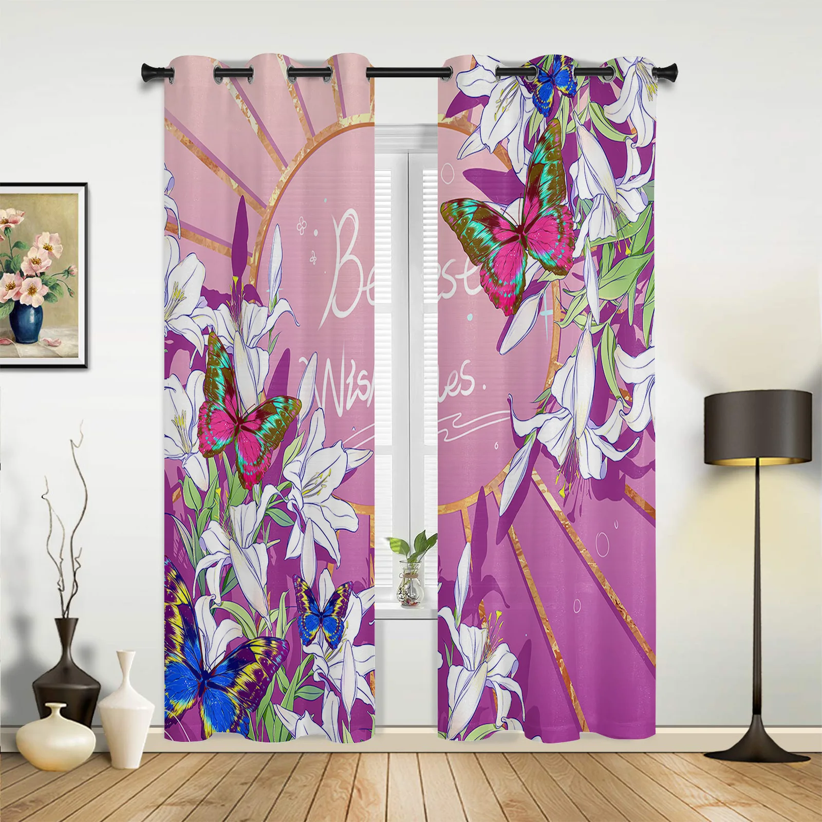 Floral Butterfly Lily Gradient Curtains for Kid Bedroom Home Decor Kitchen Balcony Drapes Print Living Room Window Curtain