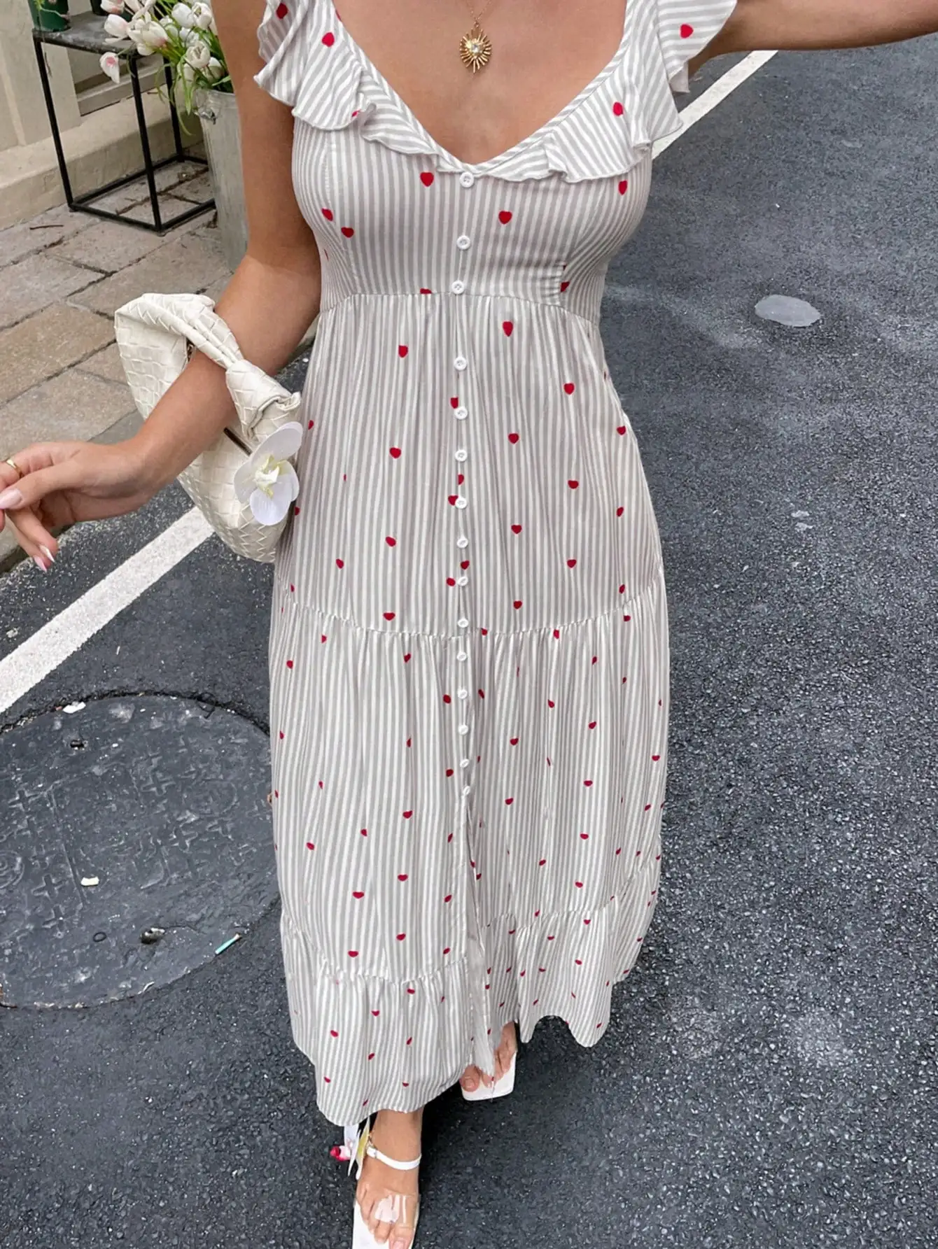

Striped Ruffled Heart Print Midi Dress with Button Front and Tiered Skirt