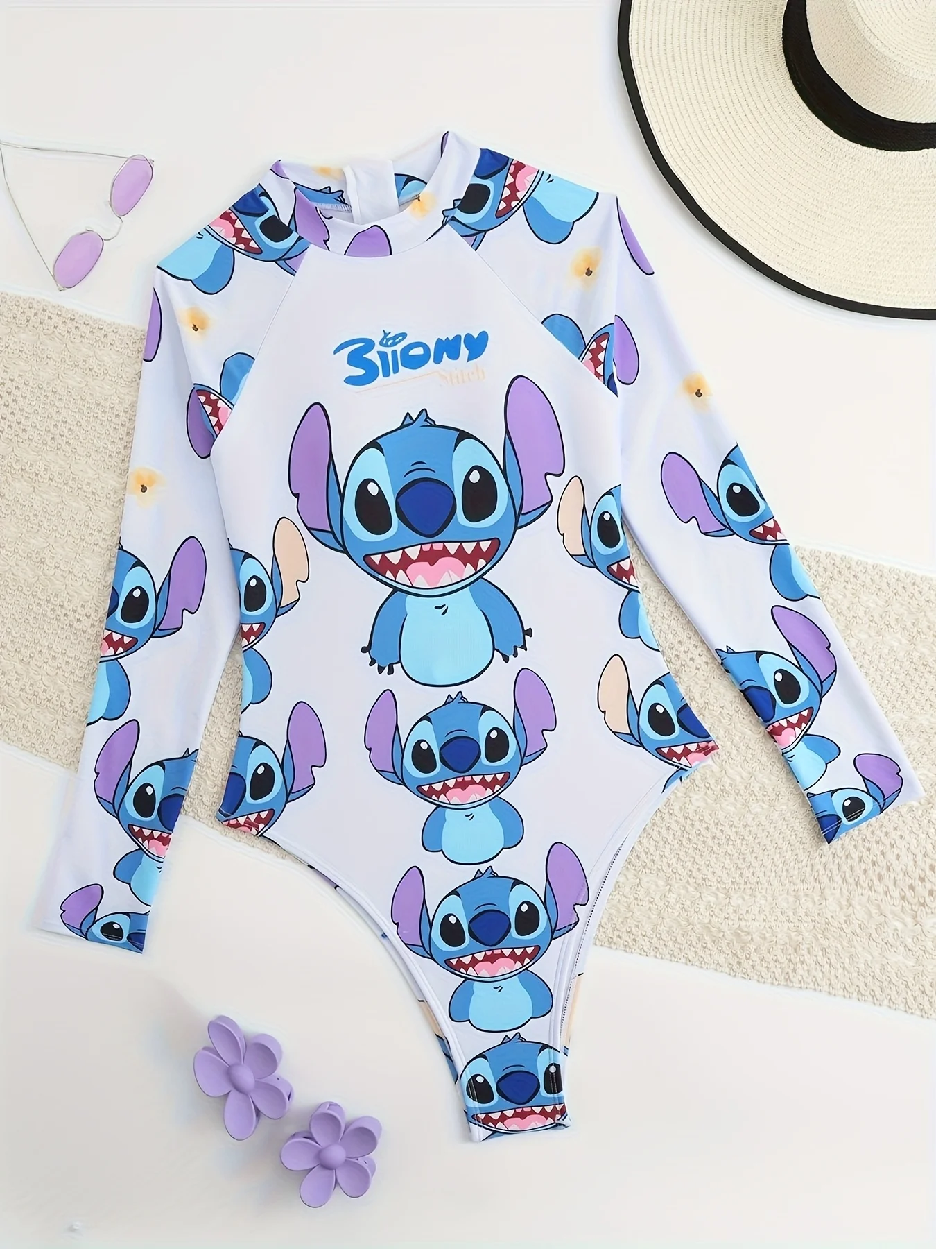 

Women's Long Sleeve One Piece Swimsuit Stitch Cartoon Print Bathing Suit Monokini