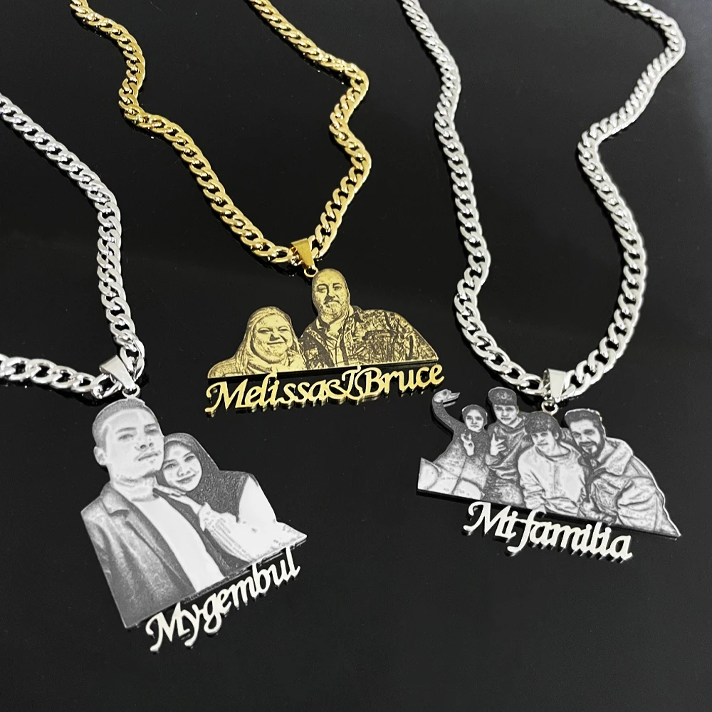 

Photo Custom Nameplate Pendant Necklace Punk Cuban Chain Photo Text Custom Necklace Stainless Steel Engraved Portrait Necklace