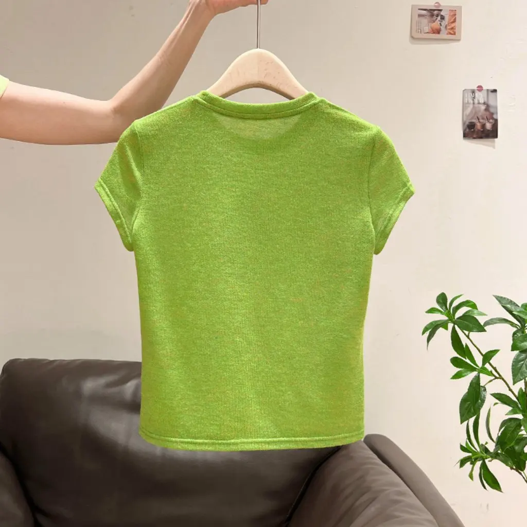 

Korean Style Women's Slim Fit round Neck Short Sleeve T-Shirt Summer New Style Printed Right Shoulder Design Top for