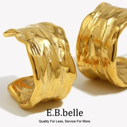 E.B.belle 2024Trendy Tin Foil Wide Gold Plated Hoop Earrings For Women Titanium Steel Ladies Minimalist Basic Gold Hoops Jewelry