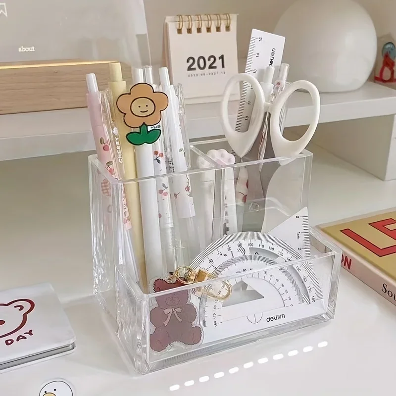 Suporte de caneta de três grades transparente acrílico simplificado, caixa de armazenamento de mesa de estudante desktop de escritório