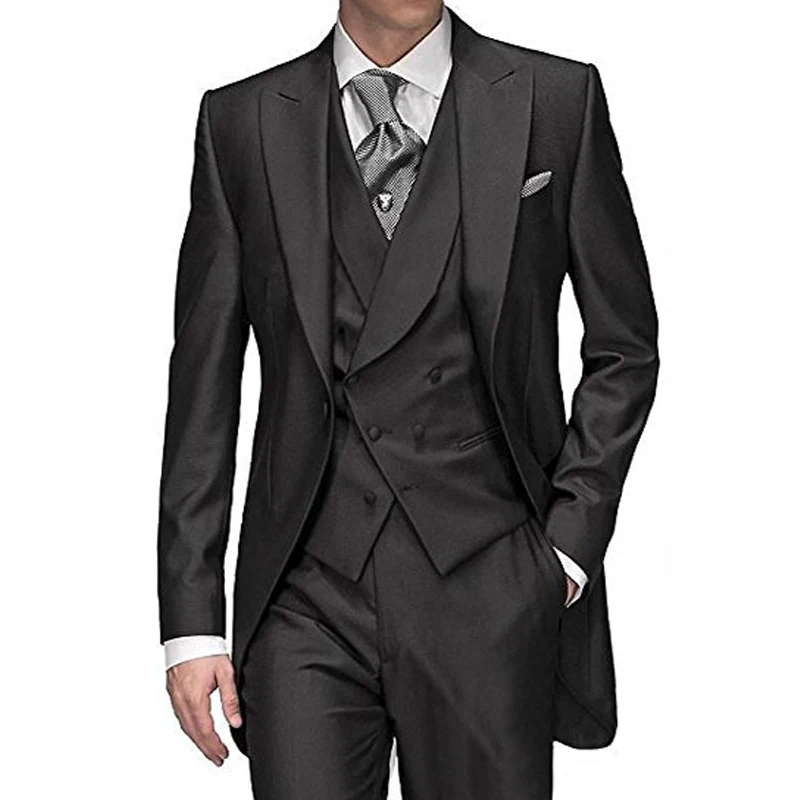 

Black Men Tail Coat for Wedding Peaked Lapel Custom Male Suits Groom Tuxedos Groomsmen Wear 3 Piece Jacket with Pants Vest 2023