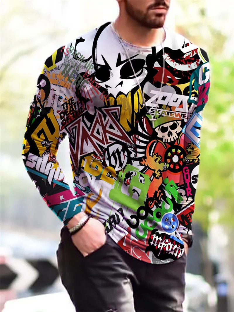 Gothic Street Style Hip Hop Rock Men\'s Long Sleeve T-Shirts Spring Autumn 3D Printing Youthful Vitality Tops Tees Plus Size 6XL