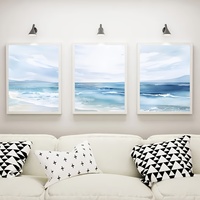 Set of 3 Blue Sea Print,Blue Beach Wave Poster,Minimalist Poster,Romantic Ocean Print,Living Room Bedroom Wall Canvas Paintin