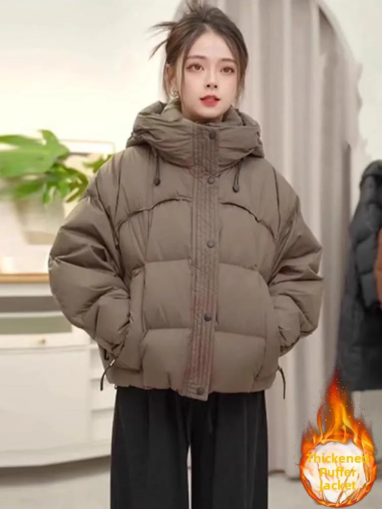 Women's Loose Fit Thickened Cotton Jacket Hooded Bread Style Coat Winter Fashion Warmth Casual Streetwear Zipper Closure