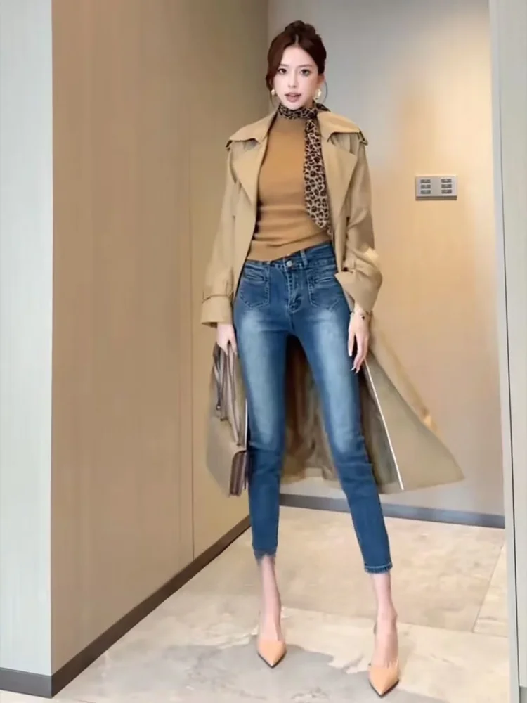 

High Waist Slim Fit Jeans Women's Autumn Winter High Waist Tightening Bootcut Elastic Cotton Denim Pants Cleanfit Sle