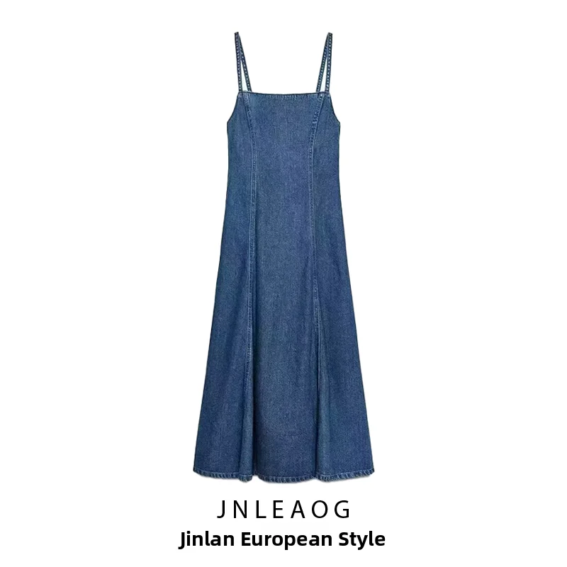 JNLEAOG Summer New Women's Fashion Pure Color Denim Midi Dress Versatile Personality Casual A-Line Skirt Polyester Fiber
