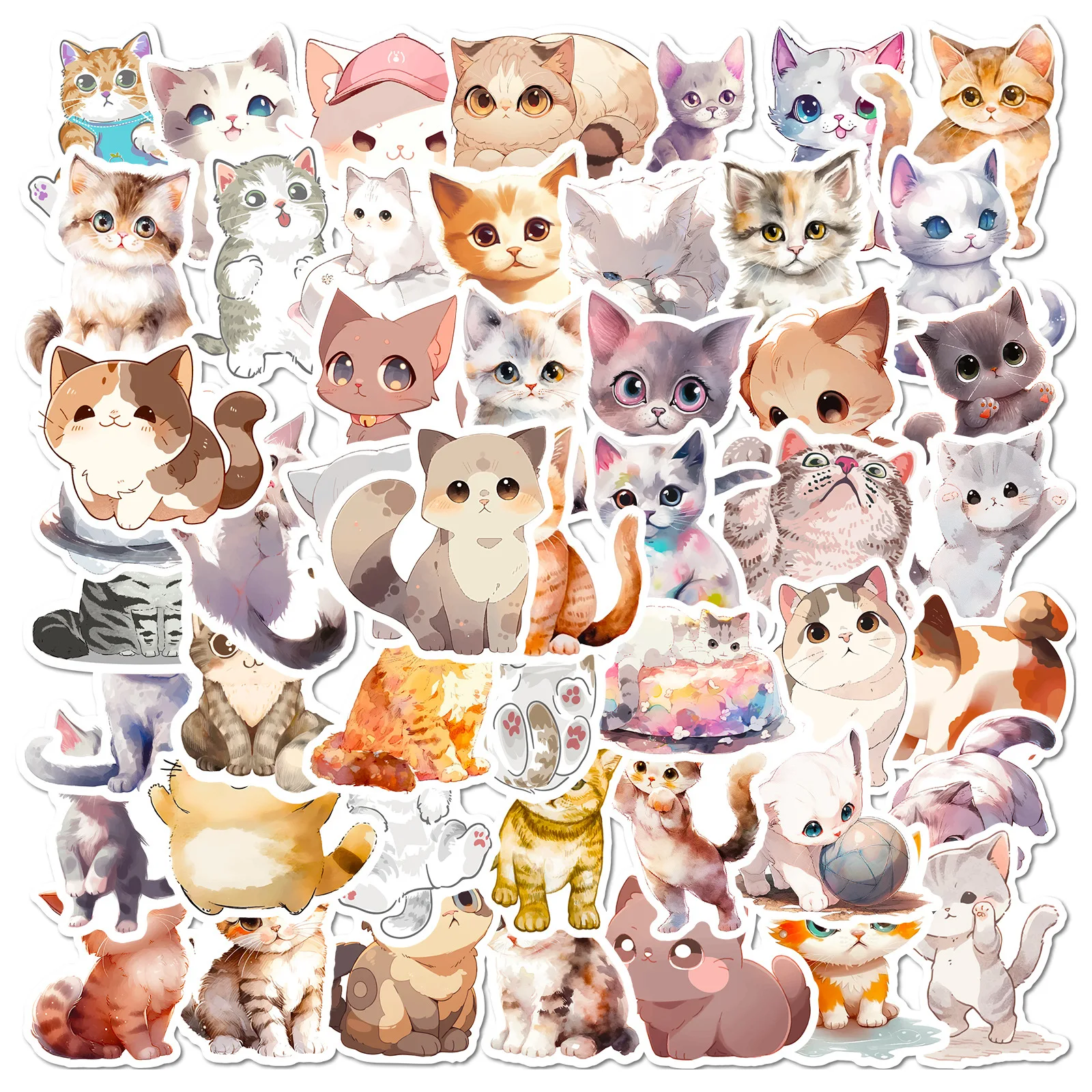 2024 New Light Color Watercolor Cat Sticker Pack Cartoon iPad Computer Car Helmet DIY Guitar Scrapbook Toys Decoration Wholesale