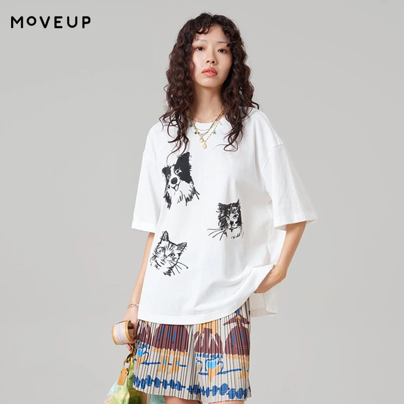 MOVEUP Round Neck Short Sleeve T-shirt 2026 Summer New Hand-painted Cat Puppy Printed Casual Loose Top For Women 3ELX10570