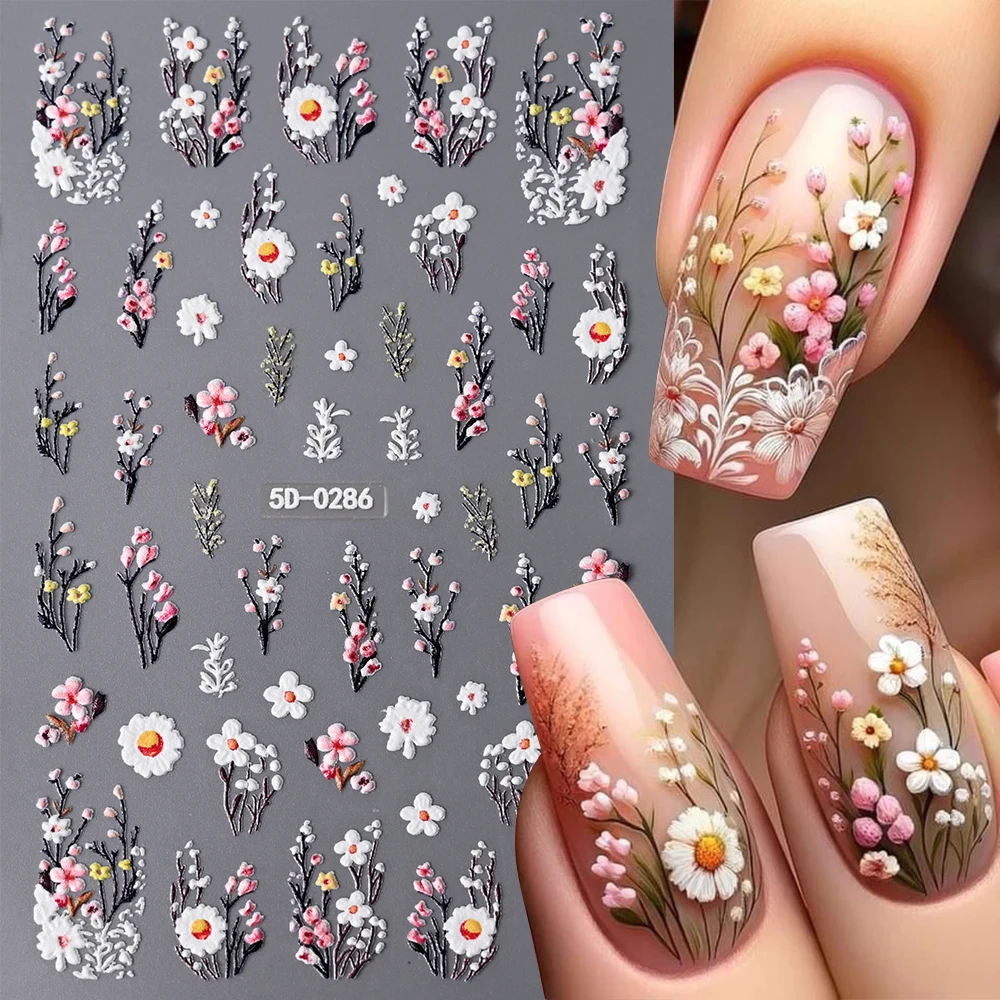 1PC 5D Fiori Colorati Adesivi Per Unghie Foglia Verde Floreale Margherita Primavera Unghie artistiche In Rilievo Primavera Farfalla Fiore Manicure Accessor