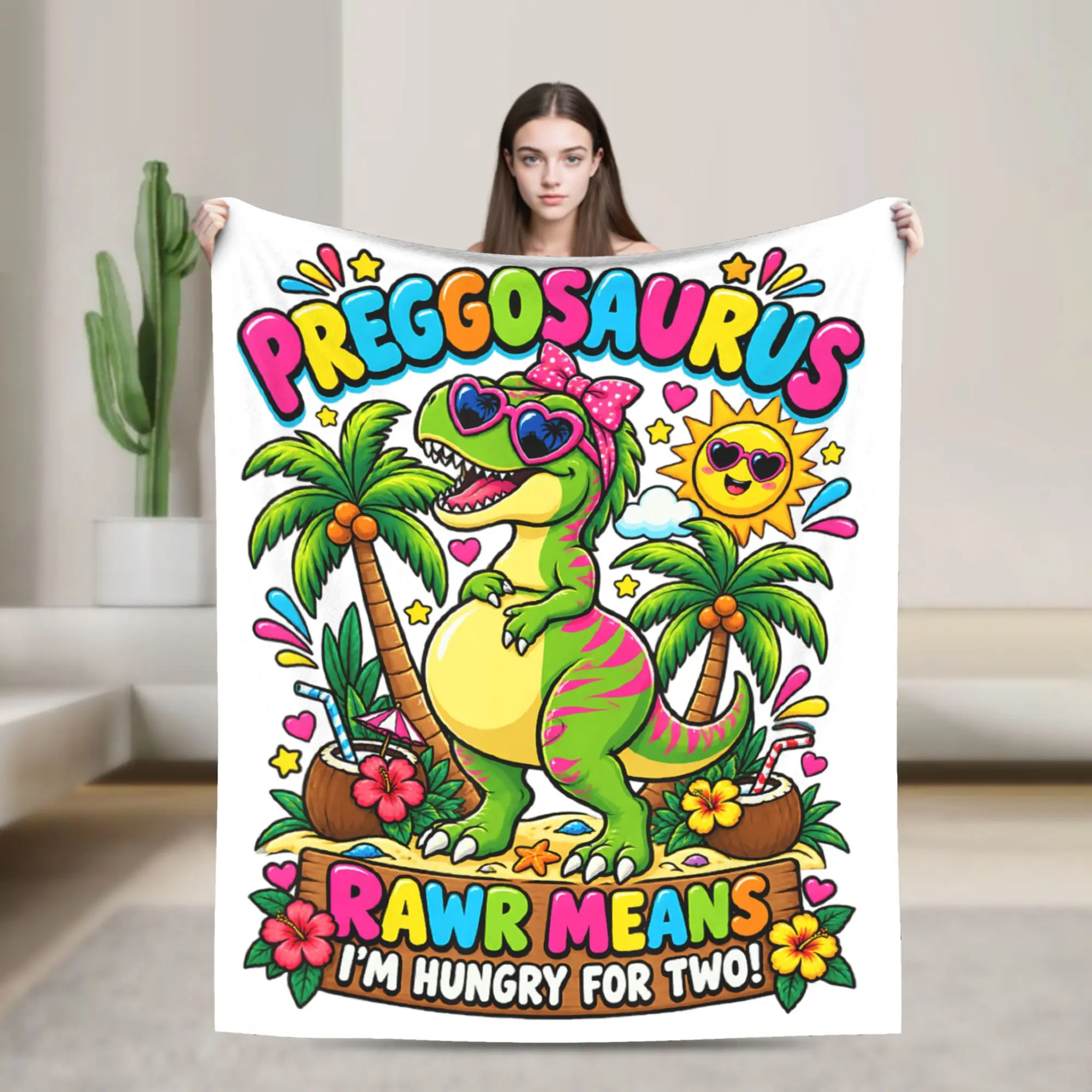 Preggosaurus Rawr Means I'm Hungry for Two Funny Pregnancy Blanket Winter  Soft Comfy Throw Blanket For Kids Adults Bed Cover