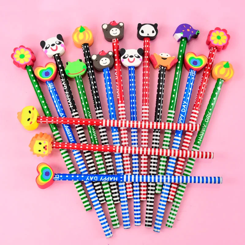 5pcs Random Cartoon Animal HB Pencils With Removable Eraser Kids Favors Wooden Pencil For Students School Prize Birthday Gifts