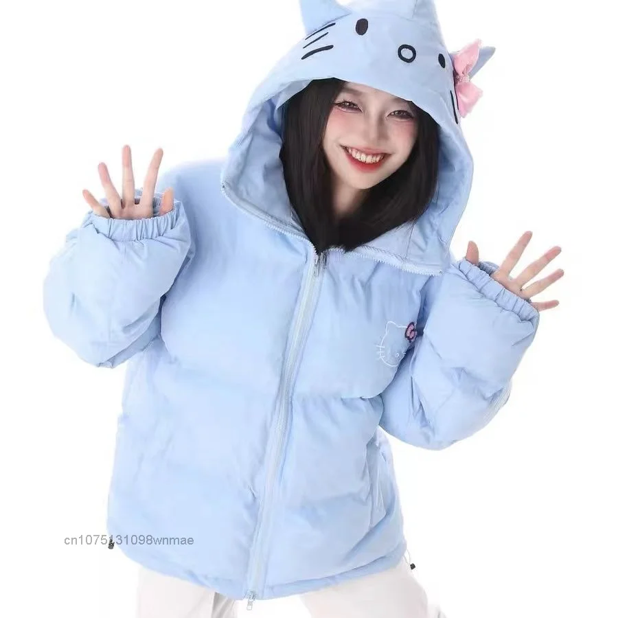 SANRIO-Hooded Down Coat for Women, Pink Zipper, Cotton-padded Jacket, Loose Warm Sports Clothes, Cute and Sweet, Winter