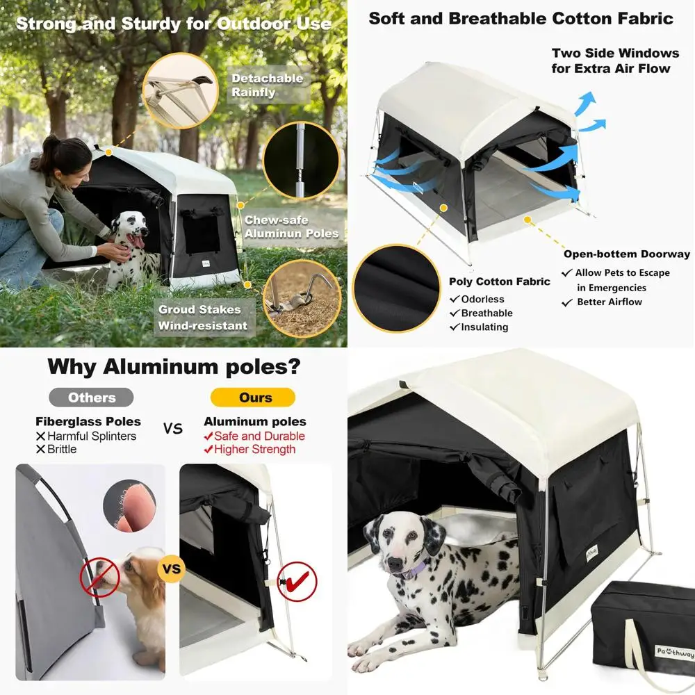 

Всепогодная хлопковая палатка для собак с алюминиевыми дугами, дышащая, 2 боковых окна, портативная, складная (черная, большая)