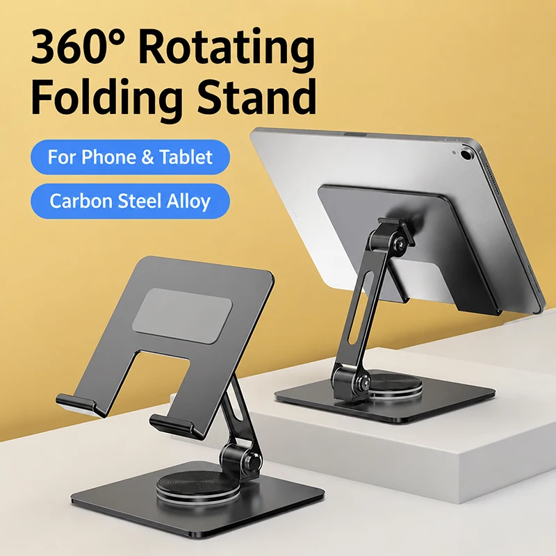 Tablet Stand 360 Rotating iPad Holder Desk Foldable Adjustable Carbon Steel Phone Stand for iPhone iPad Samsung
