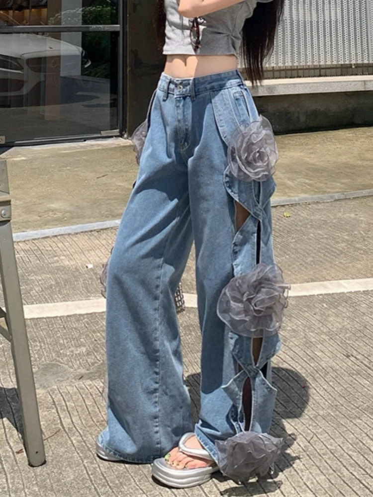 

New Fashion 3D Three Dimensional Flower Stitching Hollow Out Jeans Pants Women'S High Waist Wide Leg Denim Pants