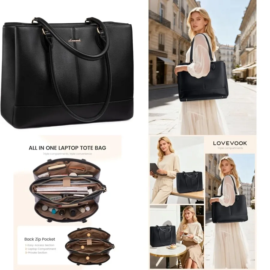 

LOVEVOOK Laptop Tote Bag for Women, PU Leather Work Tote Bag with 3 Compartments, Waterproof Computer Bag for Office Travel