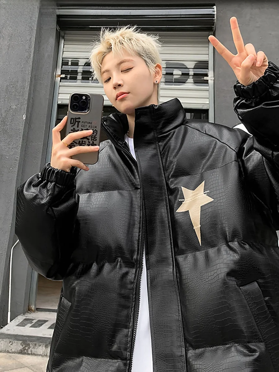 

Мужская зимняя утепленная куртка большого размера из искусственной кожи с хлопковой подкладкой, свободного кроя, с узором под крокодила, теплая, с утеплителем