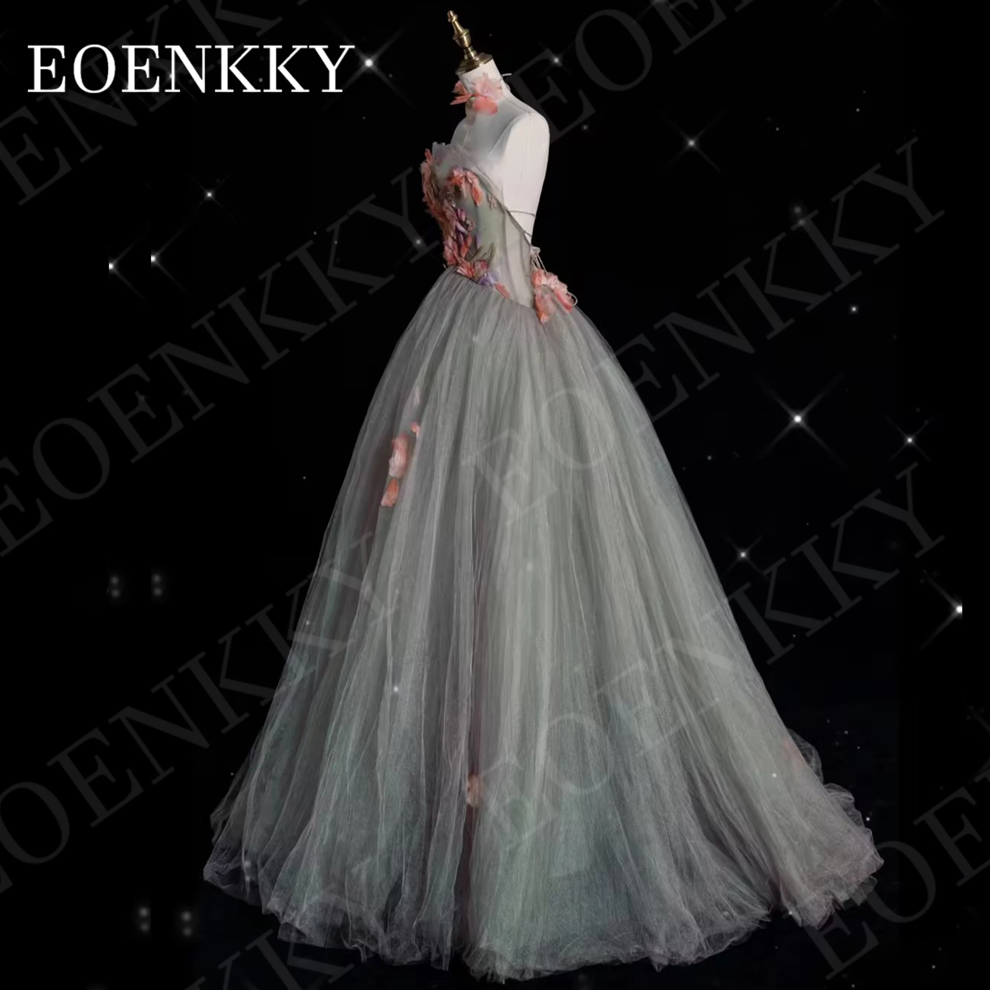 EOENKKY Graceful Prom Dresses Floor Length Evening Gown Backless Tulle Strapless 3D Flowers Bespoke Occasion Dress A Line V Neck