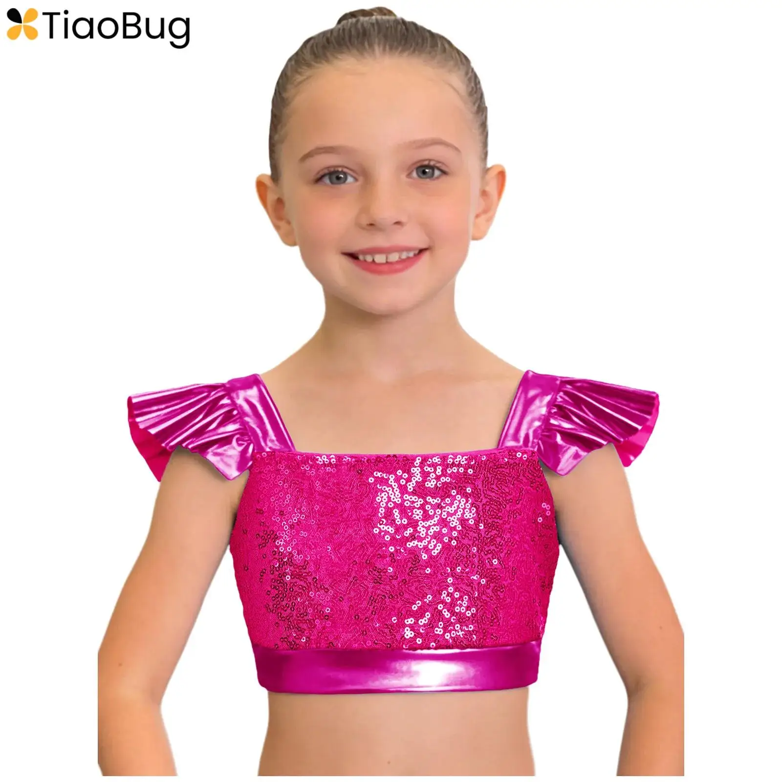 

Girls Shiny Sequins Jazz Hip Hop Dance Vest Streetwear Sleeveless Square Collar Ruffled Sleeves Camisole for Stage Performance