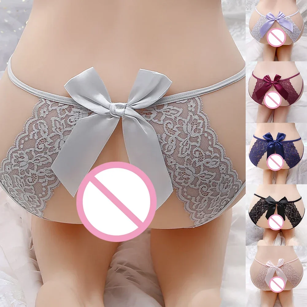 ผู้หญิง Hollow Crotchless Thongs กางเกงลูกไม้ SHEER Knickers Big Bowknot เร้าอารมณ์กางเกงเย้ายวนชุดชั้นใน PLUS ขนาดชุดชั้นใน