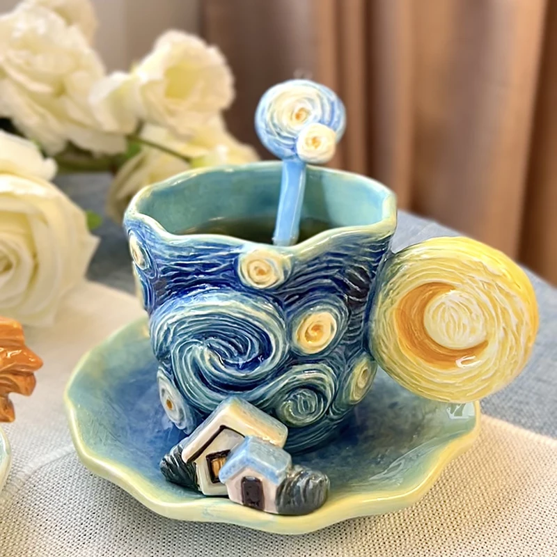 ‌Van Gogh Starry Night Ceramic Coffee Cup Set with Saucer & Spoon - Hand-Painted Tea Cup for Afternoon Tea, Giftable