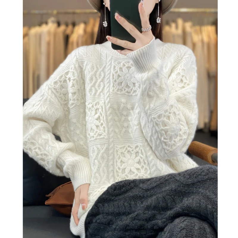 100% pure wool sweater women\'s round neck hook openwork knitted sweater loose lazy trend heavy wool bottoming shirt