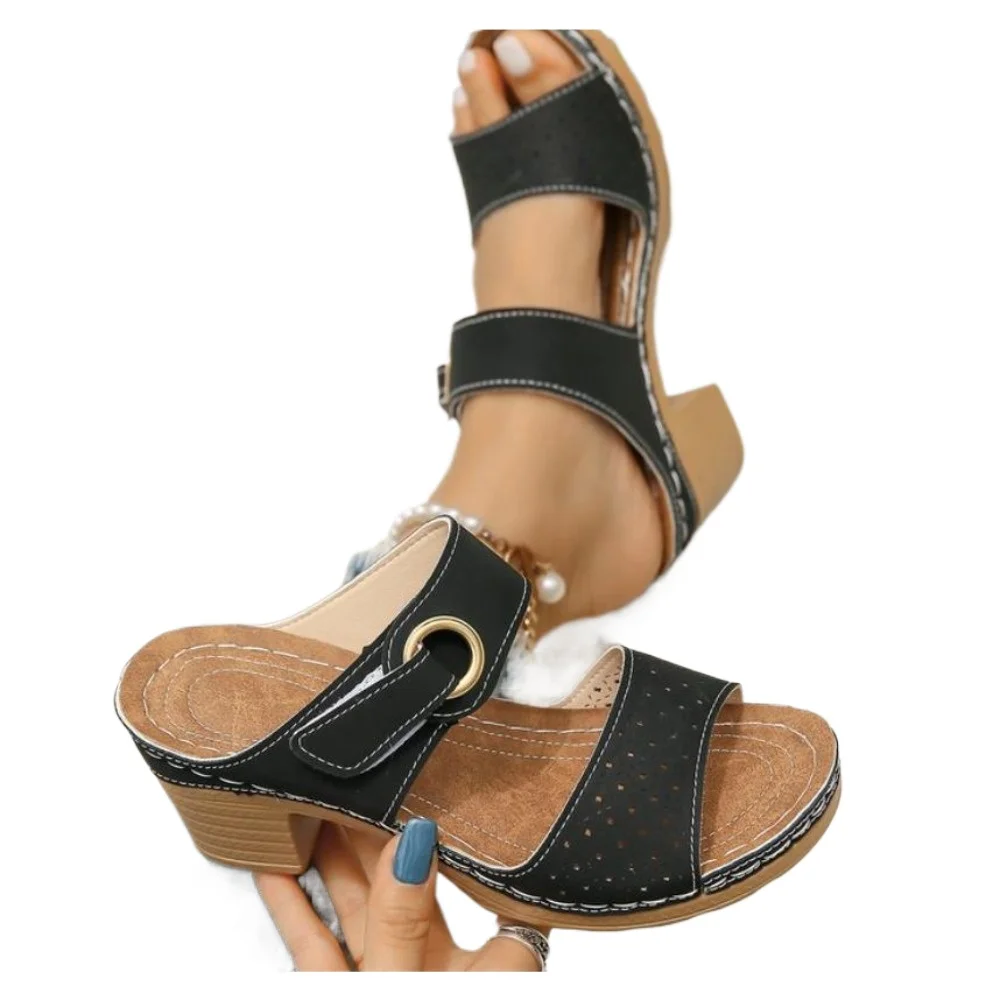 

Summer Women's Fashion Casual Slippers Solid Color Square Root Anti-Slip Sandals with Heels and Open Toes Summer Slippers