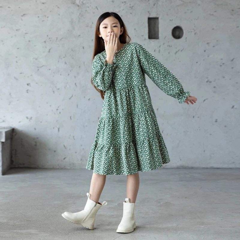 

2023 New Autumn Teen Girls Cotton Floral Dress Kids Clothes Children Baby School Clothing Full Sleeve Dresses Green Brown Spring