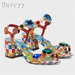 Sandali da donna con gioielli con strass bohémien stampati in 3D con tacco alto e punta aperta con cinturino con fibbia scarpe da festa di lusso di marca