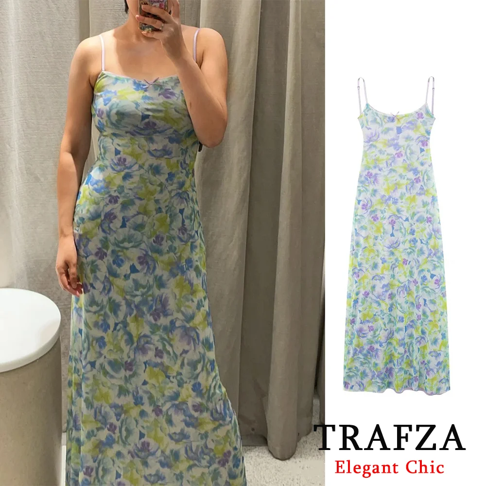 TRAFZA Vintage Green Print Mesh Midi Dress Women's Spaghetti Strap Mesh Long Dress New 2024 Summer Fashion Evening Beach Dress