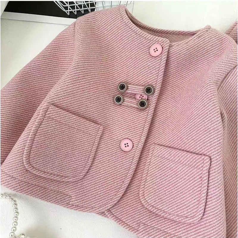 Mädchen Grauer Wollmantel mit Hornknöpfen + Hose 2-teiliges Set Kinderoutfit Herbst Winter Kleidung 80-130 – Detail 3