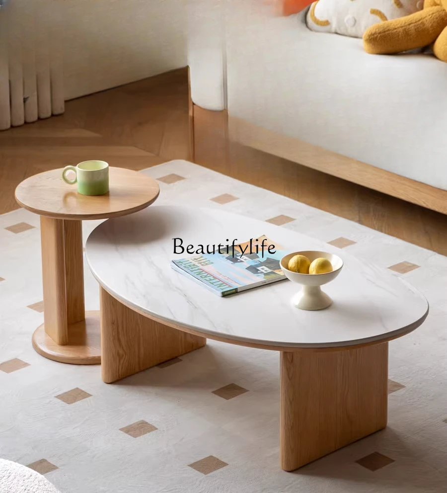 

Modern simple rock slab tea table, living room sofa side table, household oak combination coffee table