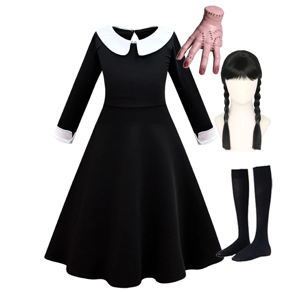 Addams Halloween Costumes for Kids Girls Merlina Adams Mesh Dress Movie Addams Carnival Gothic Outfits Party Dress Up Prom 3-12Y