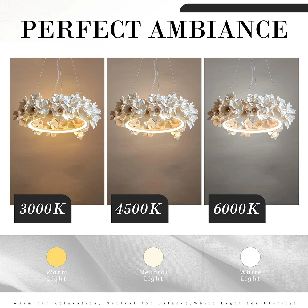 

French Round Floral Pendant Lamp For Living Dining Room Kitchen Table Cream White Resin Hanging Light Double Layer Chandelier