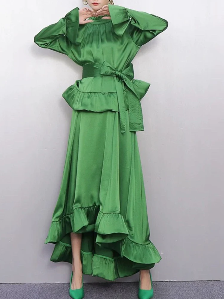 

Fashion solid color stand collar trumpet sleeve lace waist shirt autumn new two-piece suit+irregular ruffled skirt women's suit