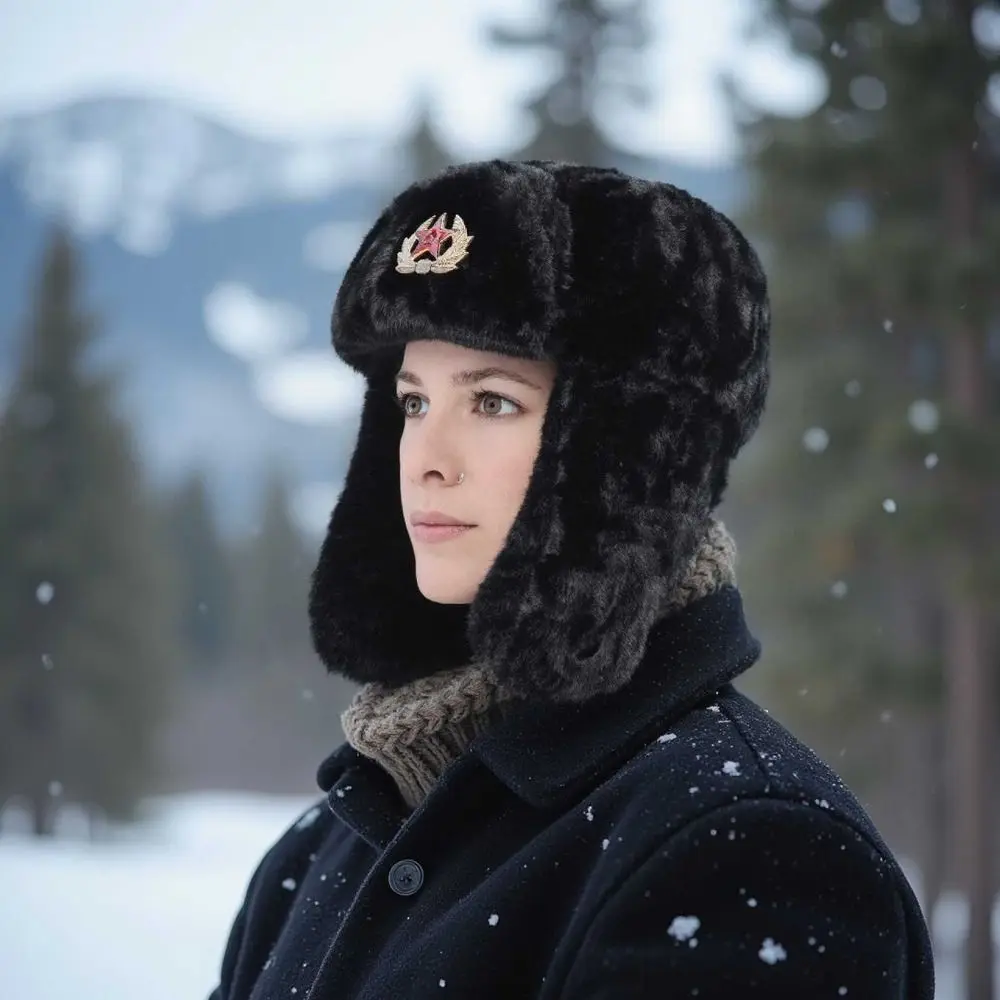 Thick Faux Fur Ushanka Hat Badge Detail Ear Protection RussianTrapper Hat Windproof Thermal Insulation Snow Cap Winter Outdoor