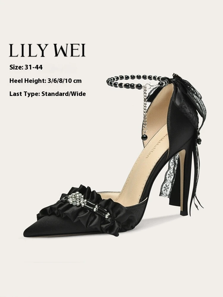 

Spring and summer new pointed silk pearl rhinestone bow sandals thin high-heeled banquet dress large size small size women shoes