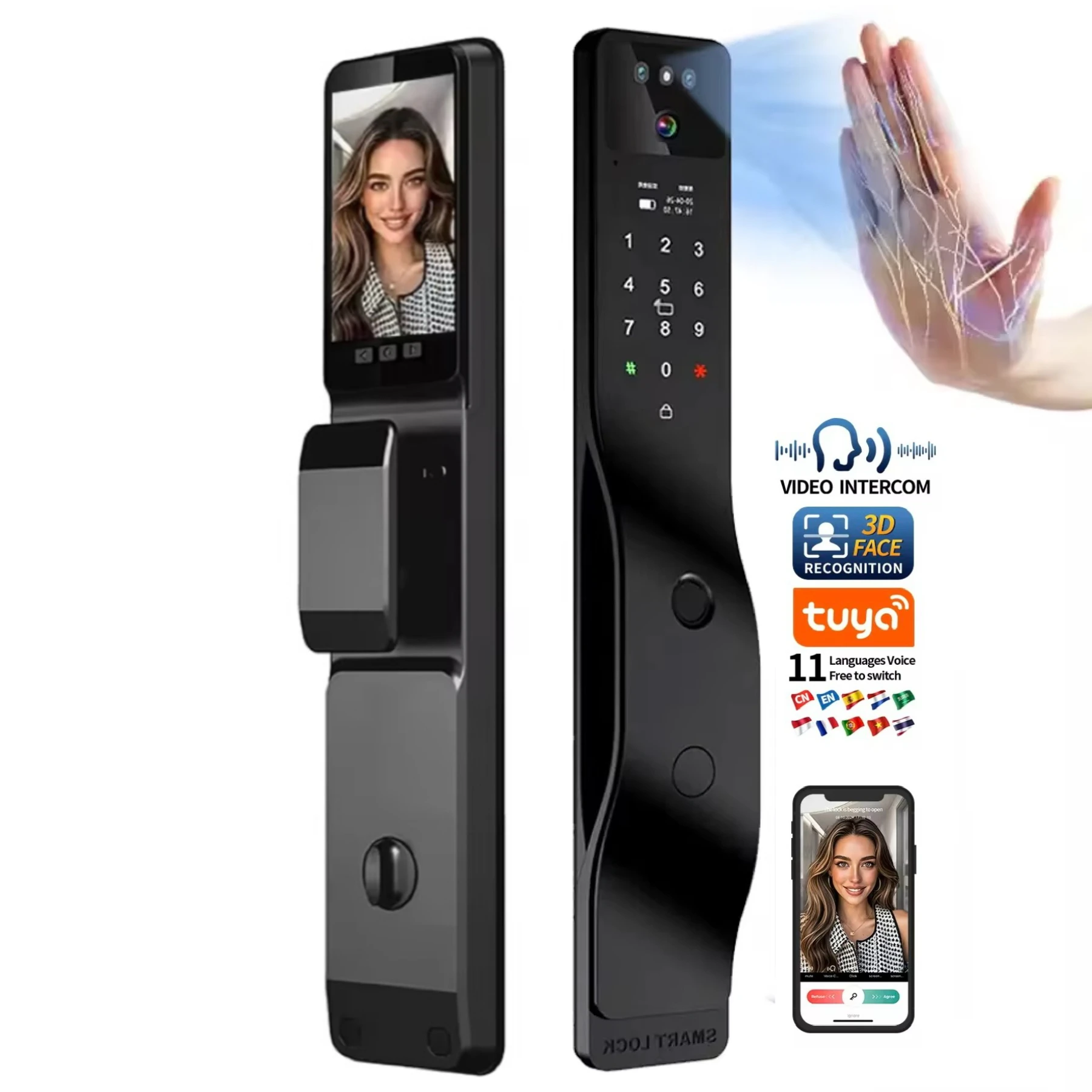 Smart Door Lock With Camera Intercom - キーパッドロック イスラエル製 モーティス式 3D顔認証スマートドアロック ビデオインターホン セキュリティ電子ドアロック