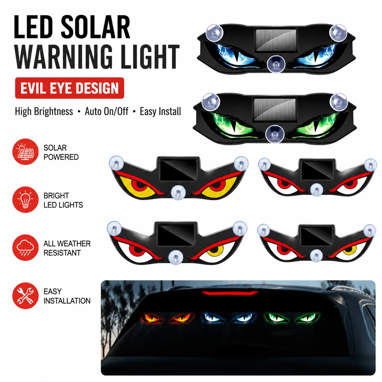 Universal Solar Demon's Eye Car Lights Dynamic Expression Led Light USB Rechargeable Car Window Light with Suction Cup for Truck