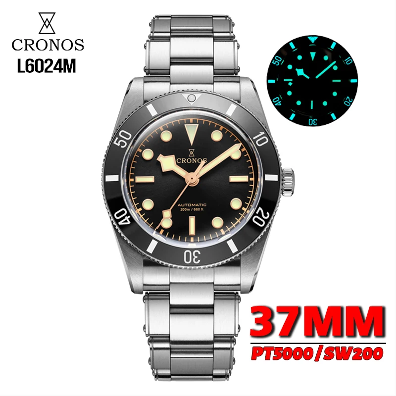 

Cronos Men Watch BB54 Automatic Mechanical Sapphire BGW-9 Luminous 200m Waterproof Diving 37mm Vintage Luxury Wristwatch L6024