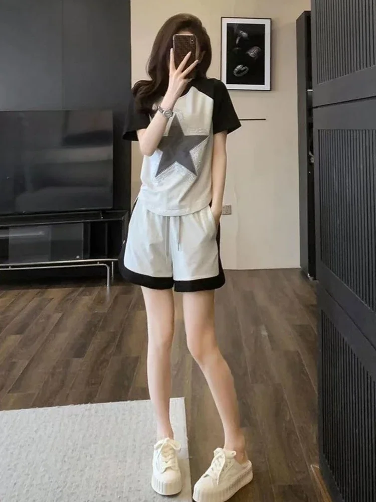 Mulher shorts agasalho estrela t camisa de luxo tailorin novidades roupas tendência 2025 completo dois kits conjuntos curtos para mulher 2 peças